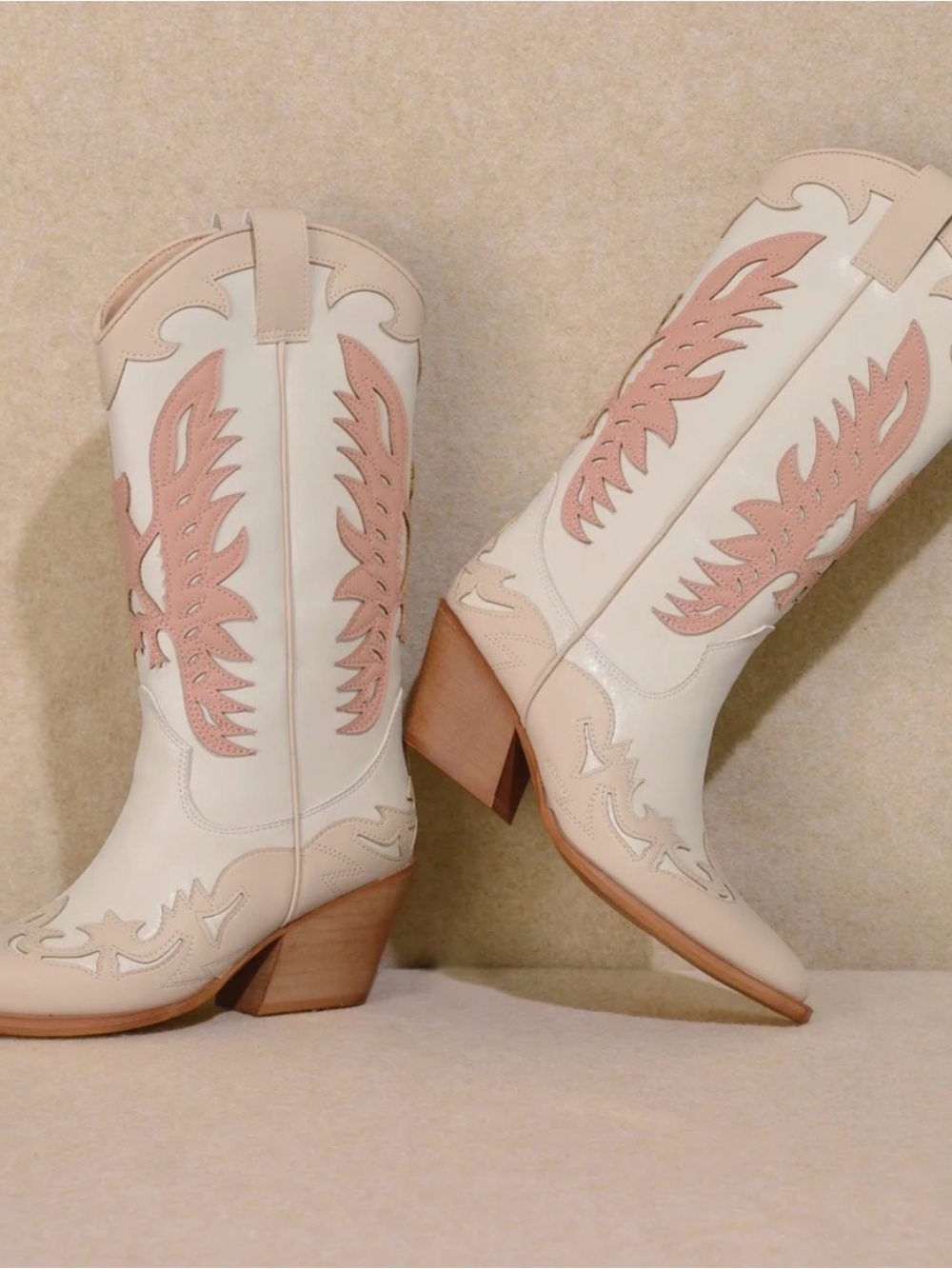 Cream Lace-Up Western Boots with Pink Embroidery size 9